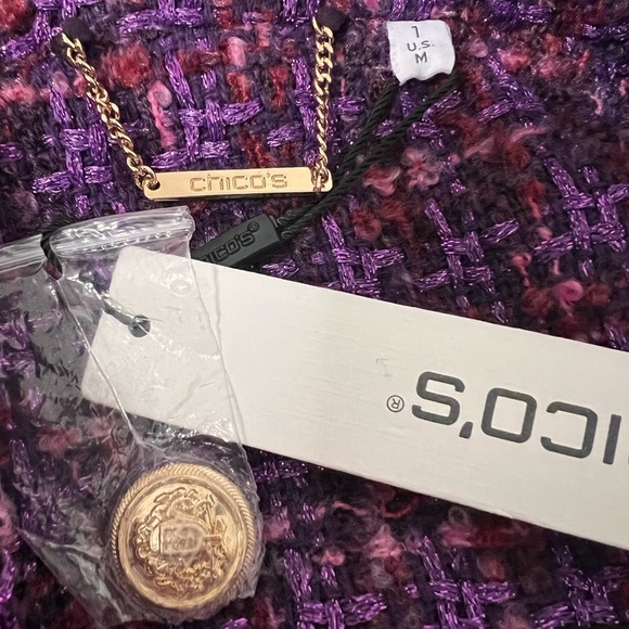 NWT Chicos 1 Medium Purple Fringe Blazer jacket Metallic Tweed Office Corpcore - Picture 10 of 13